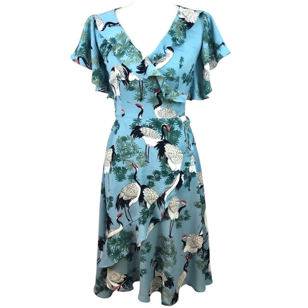 Unique Vintage Modcloth Retro Crane Bird Ruffle Wrap Winged Flutter Sleeve Dress